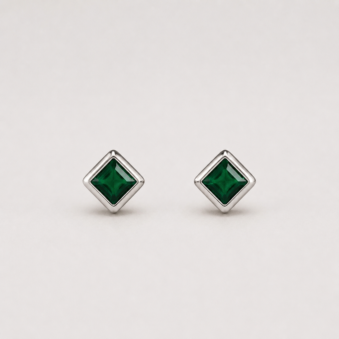 Emerald Green Princess-Cut Stud