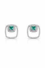 Load image into Gallery viewer, Emerald Green Princess Cut Geometric Silver Stud Earrings