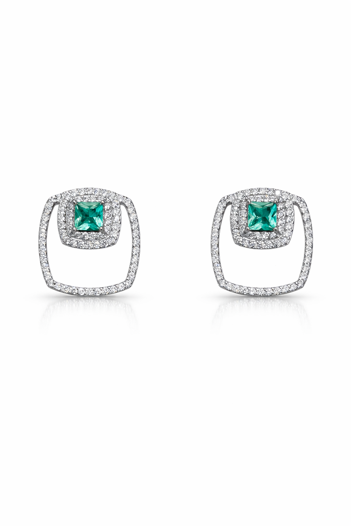 Emerald Green Princess Cut Geometric Silver Stud Earrings