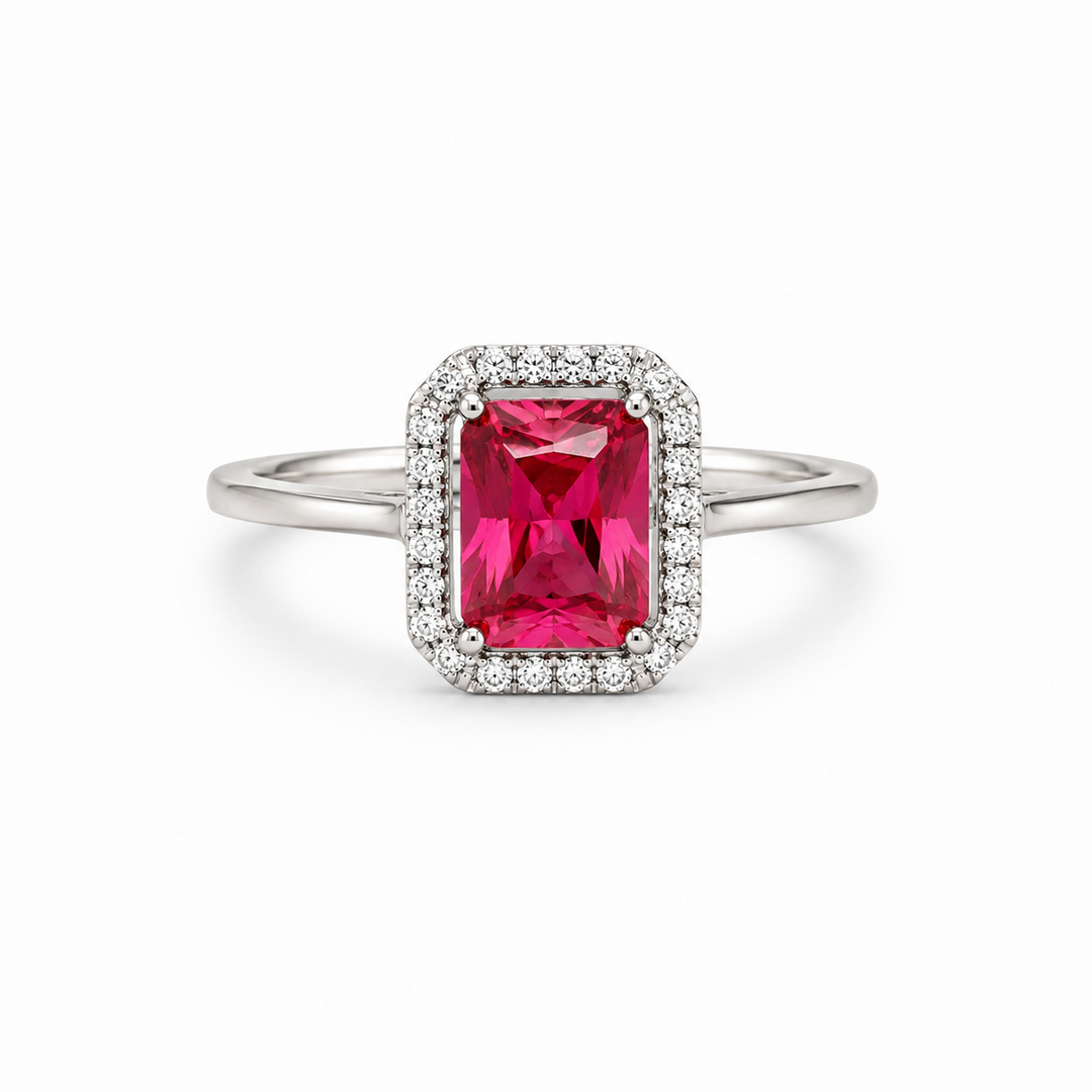 Ruby Pink Emerald-Cut Halo Silver Ring