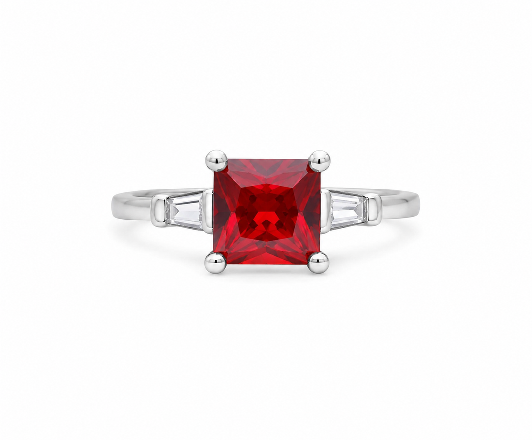 Ruby Princess Cut Sterling Silver Ring