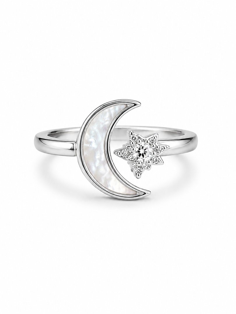 Moon & Star Mother of Pearl Silver Ring