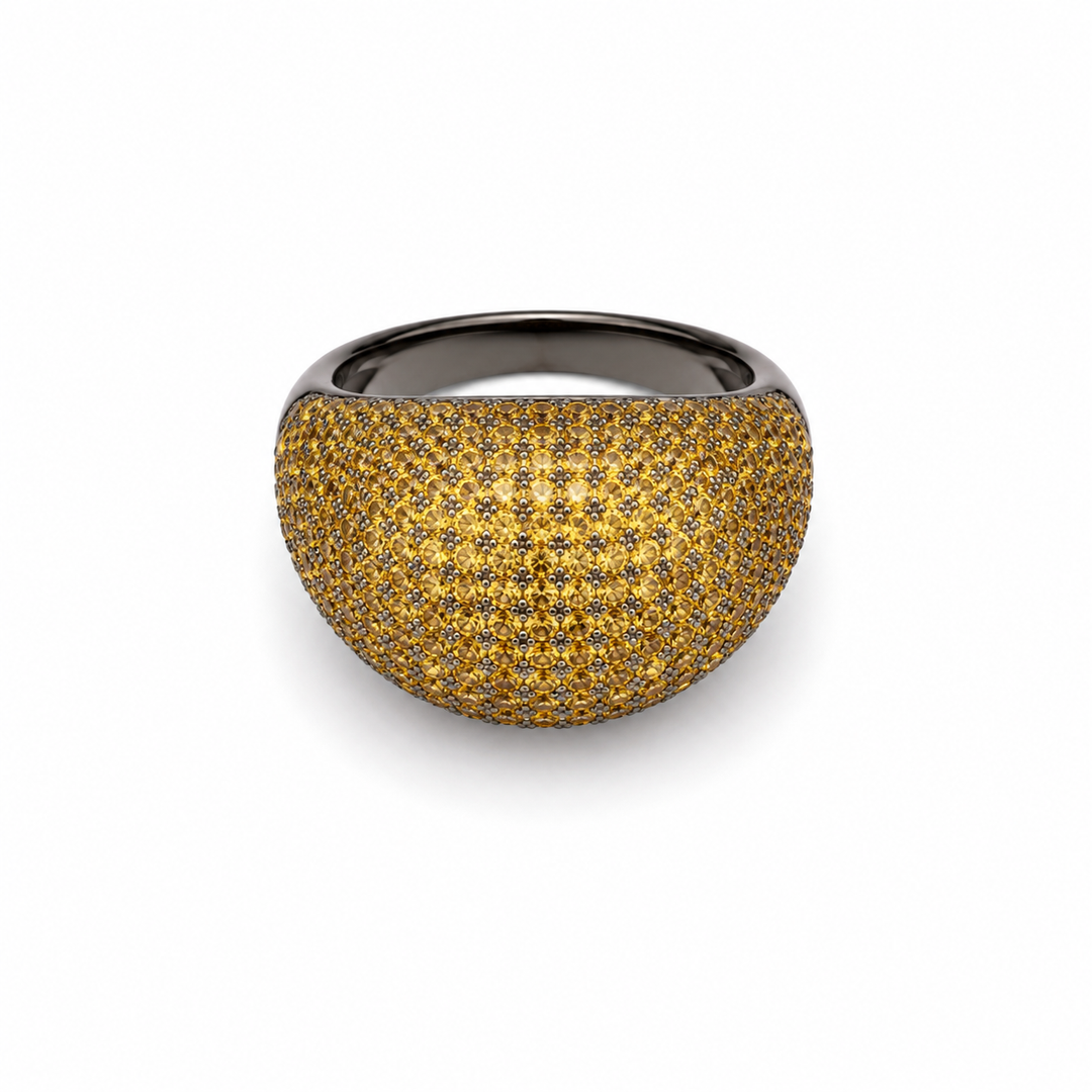 Golden Pave Dome Silver Ring