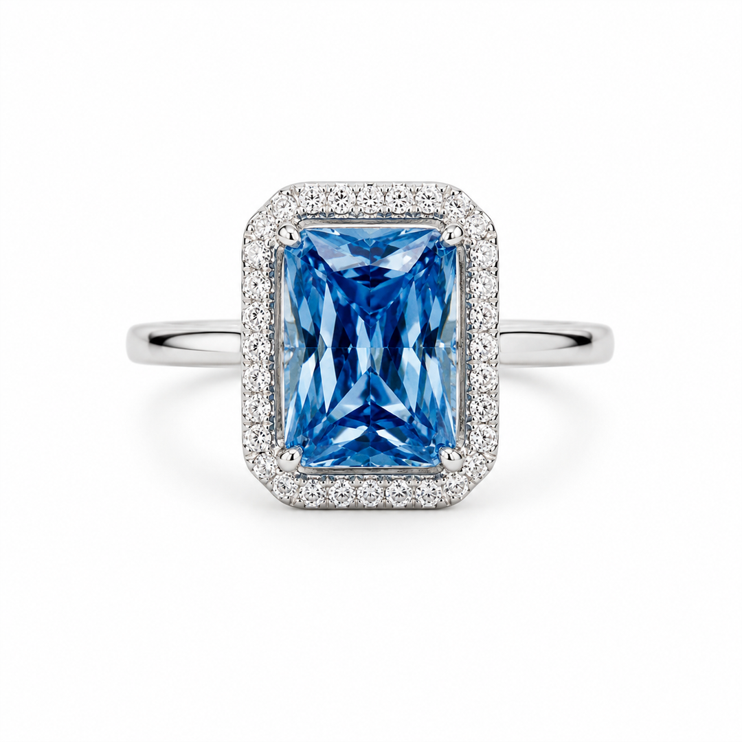 Blue Emerald-Cut Halo Silver Ring