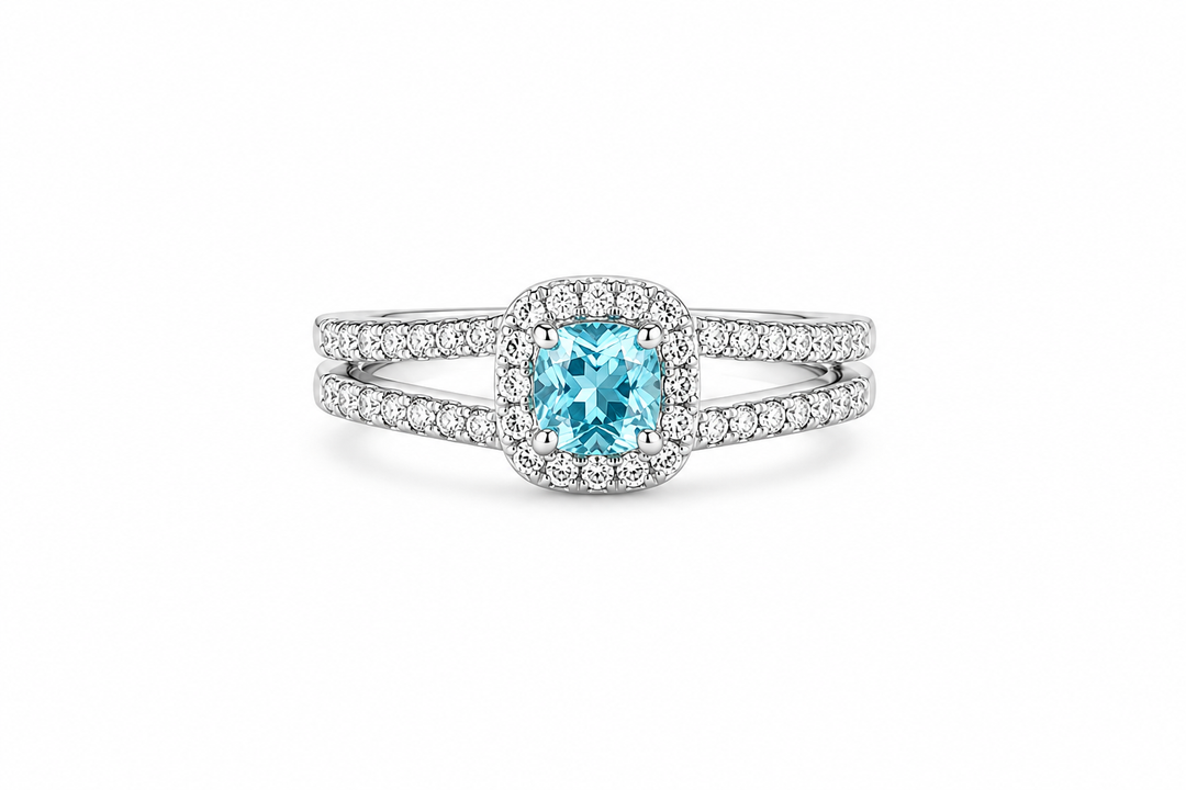 Sky Blue Cushion Halo Split Shank Sterling Silver Ring
