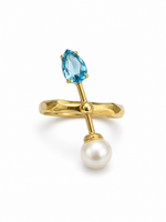 Load image into Gallery viewer, Pearl &amp; Aqua Pear Drop Gold-Plated Silver Ring