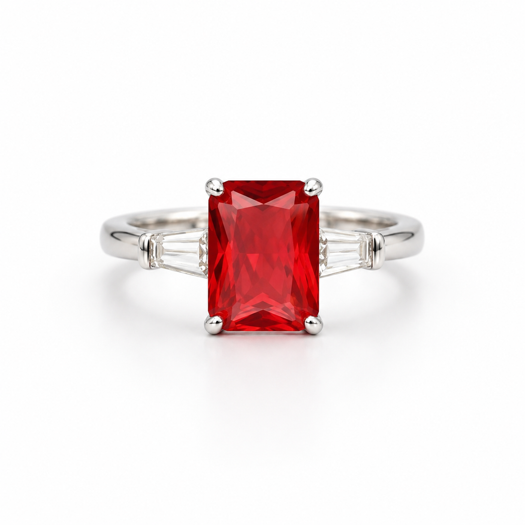 Ruby Red Three-Stone Silver Ring