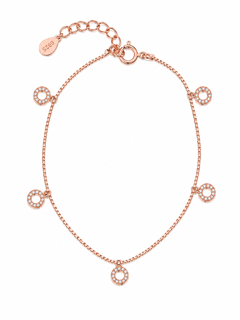 Rose Gold Halo Circle Charm Sterling Silver Bracelet
