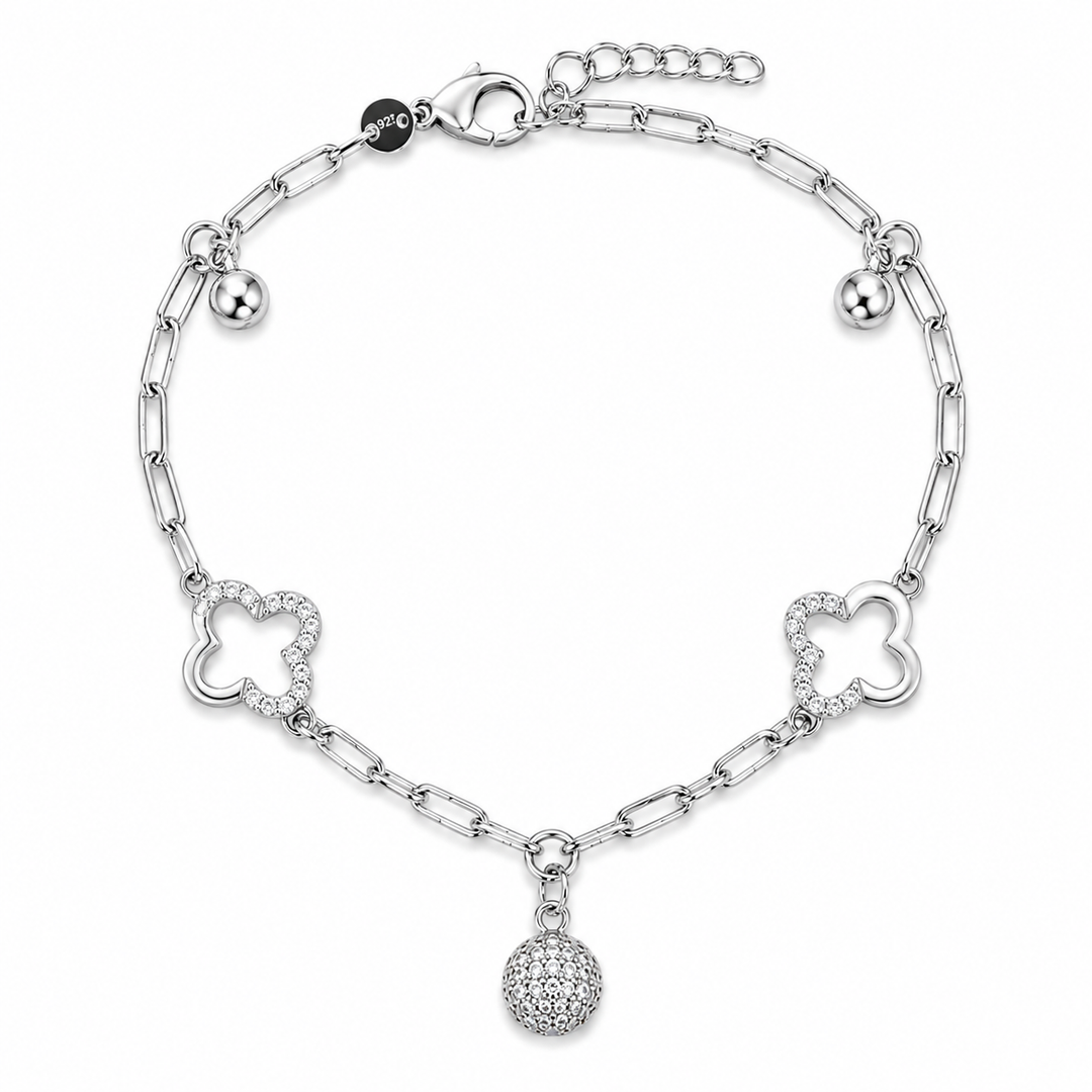 Pave Clover Charm Sterling Silver Bracelet