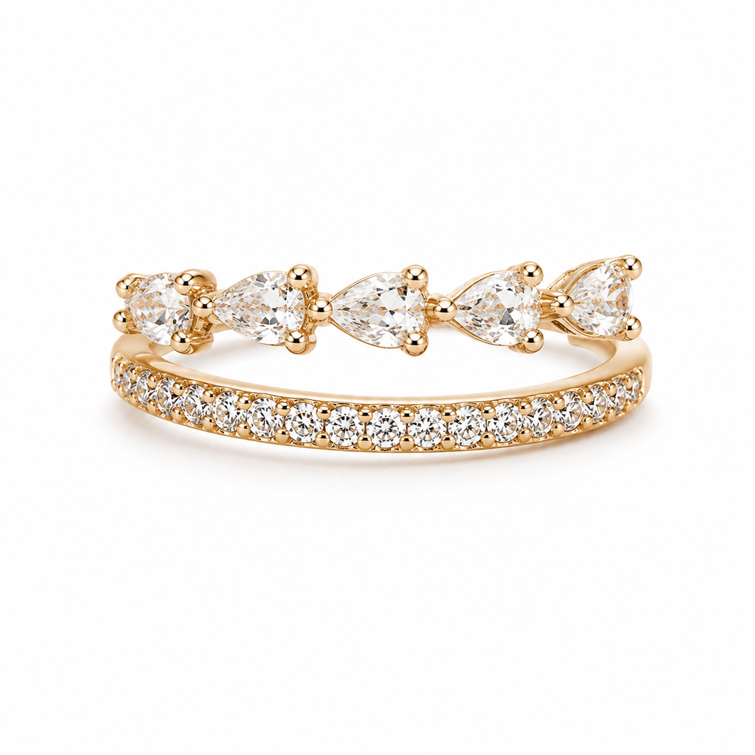Gold Pear Crown Zircon Silver Ring