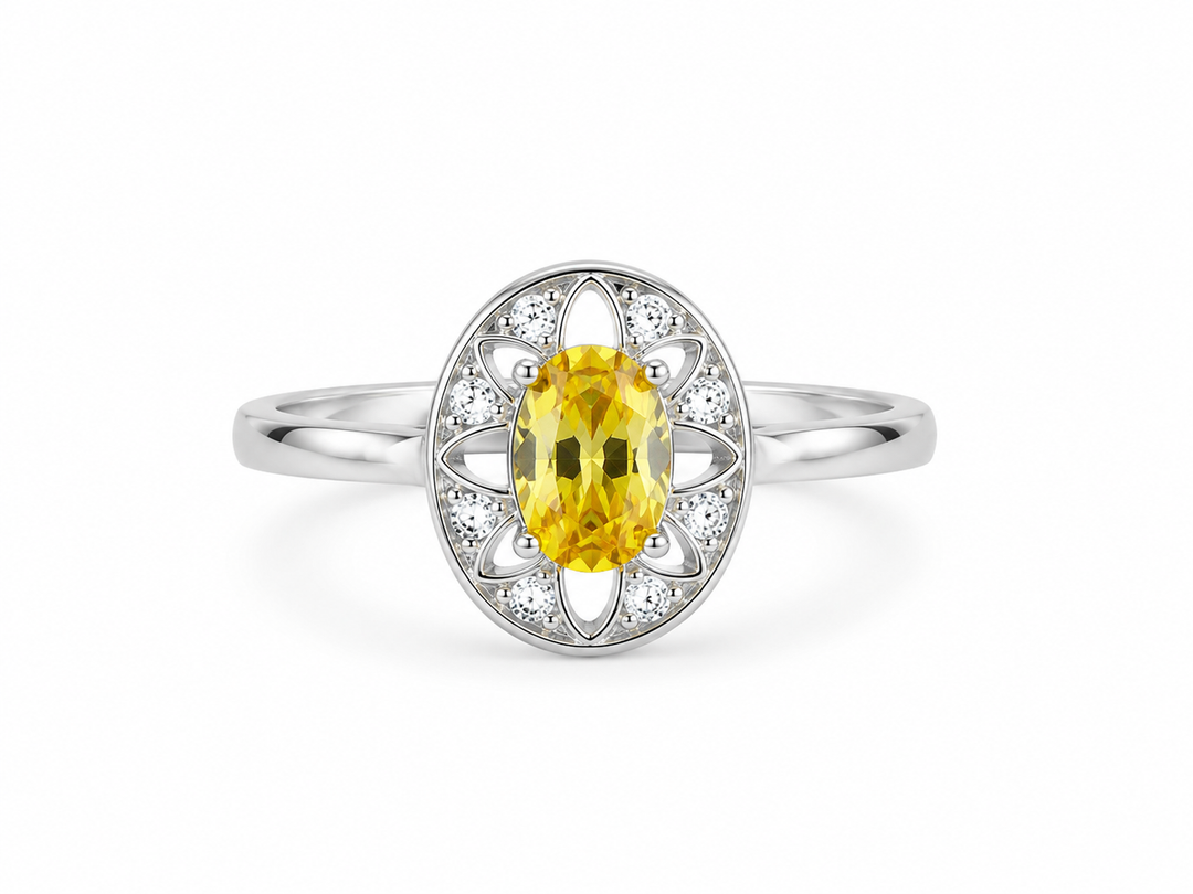 Golden Citrine Floral Halo Sterling Silver Ring