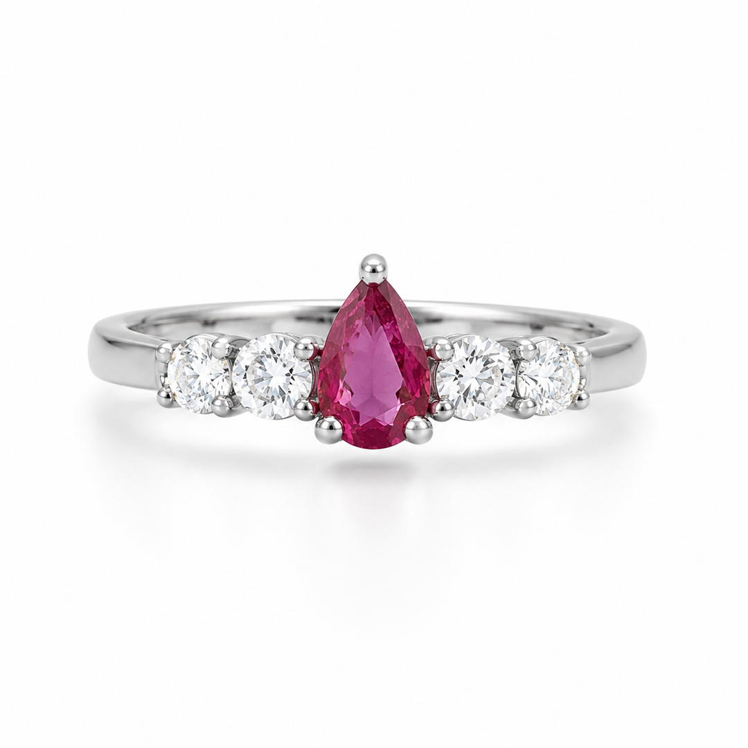 Ruby Pear Three-Stone Silver Ring