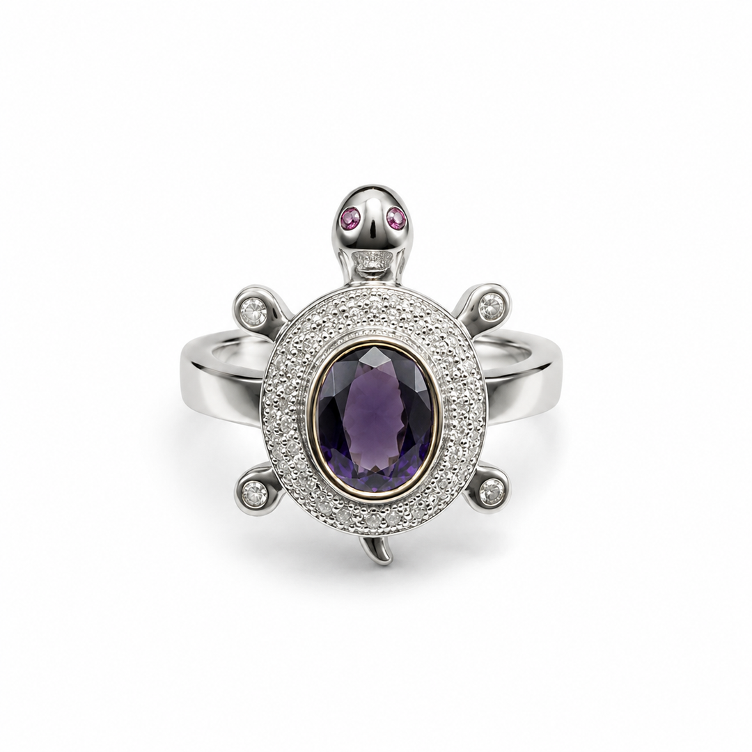 Amethyst Turtle Silver Ring