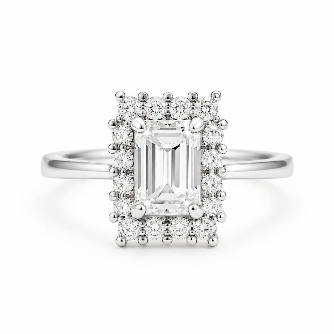 Emerald-Cut Halo Silver Ring